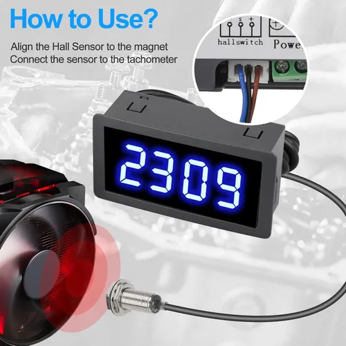 Vista 10 de EEEkit Tacómetro de 4 dígitos con LED azul, medidor de velocidad RPM digital para motores con sensor Hall NPN de interruptor de proximidad