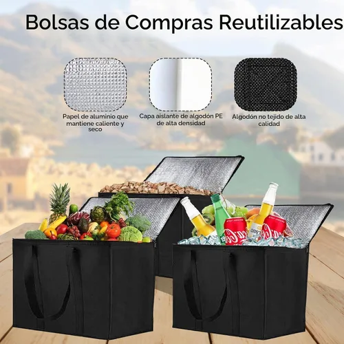 Vista 2 de Longzhuo Paquete de 3 bolsas de comestibles aisladas con cierre superior, bolsas de compras negras con asas, bolsa enfriadora plegable reutilizable