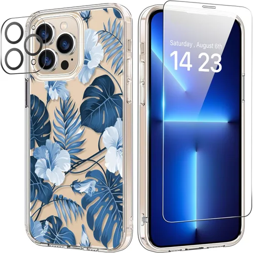 Vista 43 de bicol Funda para iPhone 14 Plus con Protector de Pantalla y Lente de Cámara - Diseños Florales de Moda para Mujeres y Niñas - Funda Transparente