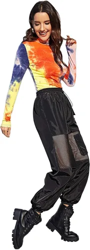 Vista 3 de Floerns Pantalones cargo deportivos de cintura alta con paneles de malla con cordón para mujer