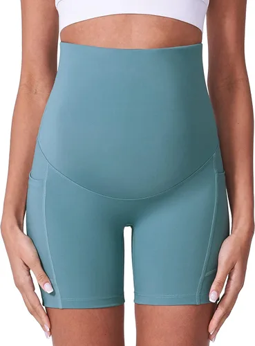 Vista 6 de POSHDIVAH Pantalones cortos de maternidad para mujer sobre el vientre entrenamiento yoga activo verano embarazo correr leggings cortos de 5 pulgadas