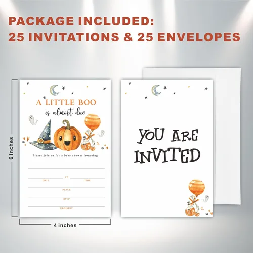 Vista 2 de A Little Boo Is Casi Due – 25 invitaciones de baby shower con sobres, calabaza de Halloween y sombrero de mago invitaciones para revelación