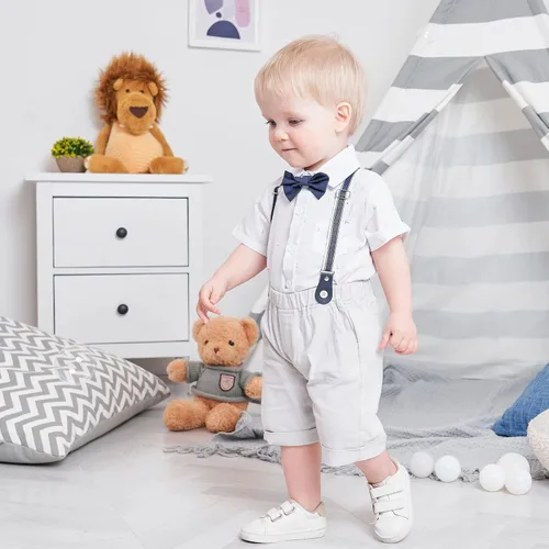 Vista 4 de Conjunto de traje de caballero de manga corta para bebé niño con corbatín + pantalones cortos con tirantes y pantalones cortos para bautizo festivo