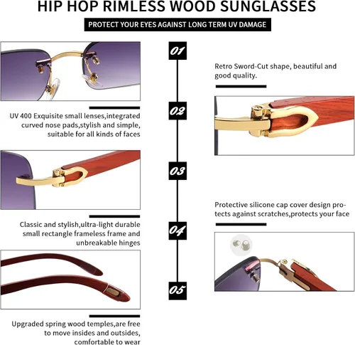 Vista 4 de Dollger Lentes de sol rectangulares sin montura para hombres y mujeres, hip-hop de madera, pequeños lentes de sol cuadrados sin marco de los años 70