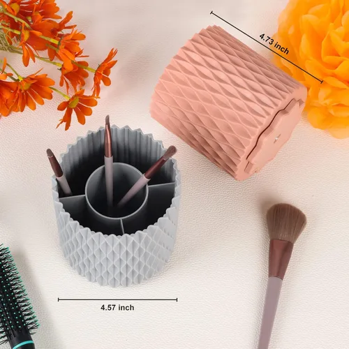 Vista 6 de Organizador de brochas de maquillaje, rotación de 360°, vaso de 5 ranuras para cosméticos, lápices labiales, bolígrafos, organizador de tocador
