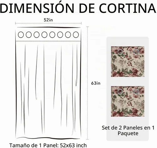 Vista 6 de Easy-Going Cortina opaca con estampado floral de 63 pulgadas de largo, con ojales, aislamiento térmico, para oscurecer la habitación