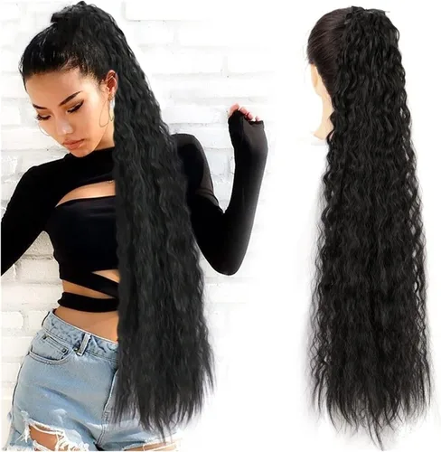 Vista 4 de HIHELO 1 paquete de extensiones de cola de caballo largas onduladas sintéticas naturales con cordón de extensión de cola de caballo para mujer 005
