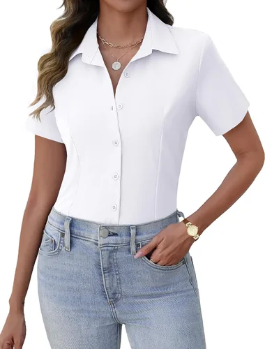 Vista 12 de Zeagoo Camisas de vestir de manga corta con botones para mujer, blusas básicas de trabajo con cuello de negocios