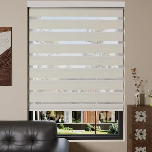 Vista 64 de MYshade Persianas enrollables de cebra opacas (85 %) con cordón para ventanas interiores, persianas de doble capa beige para dormitorio, baño, sala