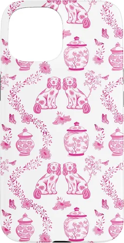 Vista 6 de Preppy - Carcasa para iPhone 16, diseño de perros y tarros de jengibre, color rosa y blanco
