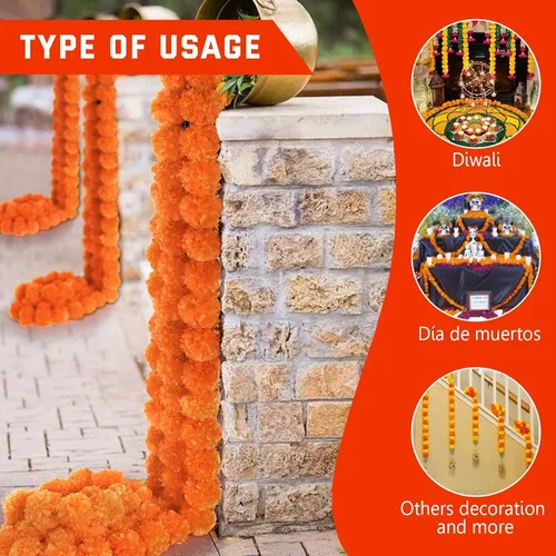 Vista 4 de 5 guirnaldas de caléndula para decoración, flores artificiales de caléndula de 5 pies, decoraciones Diwali para el hogar, cabezas de caléndula