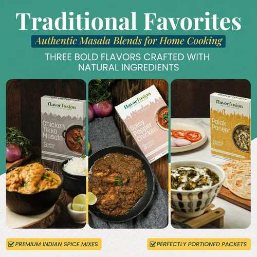 Vista 9 de Flavor Fusion Favoritos tradicionales con ingredientes naturales: pollo Tikka Masala, palak Paneer y pollo picante a la pimienta para una cocina