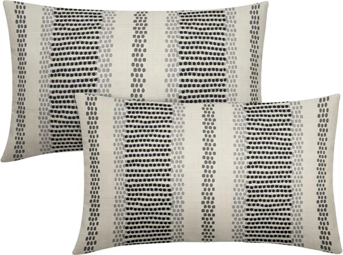 Vista 55 de Juego de 2 fundas de almohada negras y azules con rayas de puntos grises, decorativas para exteriores, estilo boho rústico, para sofá, cama, cojín