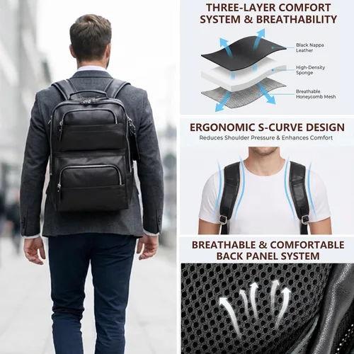 Vista 5 de LANNSYNE Mochila de cuero de grano completo para hombres, mochila para laptop de 16 pulgadas con puerto de carga USB, mochila de viaje de negocios