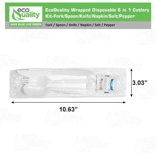 Vista 3 de Kit de cubiertos envueltos 6 en 1 – Tenedor/Cuchara/Cuchillo/Servilleta/Sal/Pimienta – Kit de cubiertos desechables, perfecto para el almuerzo