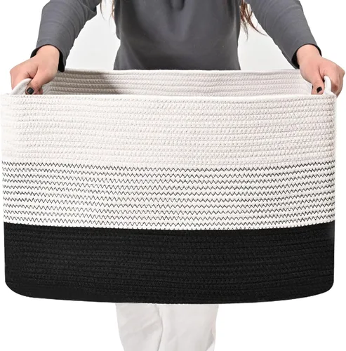 Vista 13 de ICERZCZ Cesta grande de manta negra, cestas de almacenamiento para mantas, cestas tejidas para almacenamiento, cesta de cuerda de algodón tejida