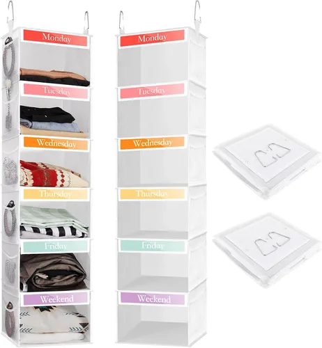 Vista 8 de Amylove Paquete de 2 organizadores semanales de ropa de 6 estantes para niños con bolsillo lateral, organizador de ropa para días de la semana de 47