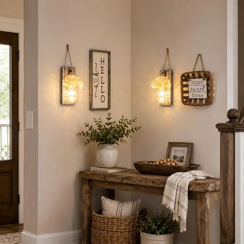 Vista 4 de Decoración rústica de madera para colgar en la pared con tira de luces LED para sala de estar y dormitorio modernos, estilo campestre inspirador