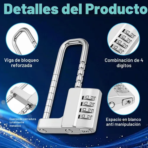 Vista 3 de Candado de armario de combinación de 4 dígitos con código en forma de U, candado ajustable de acero inoxidable con código, bloqueo de grillete largo