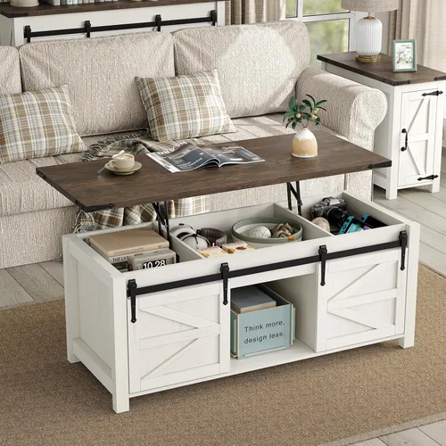 Vista 10 de Furnihold Mesa auxiliar elevable, mesa de centro de granja de 47.3 pulgadas con gran compartimento de almacenamiento oculto y puertas corredizas