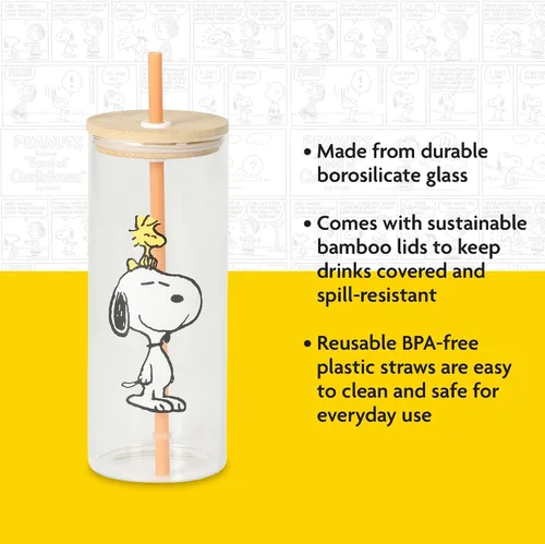 Vista 4 de Peanuts Snoopy Happy Sips Juego de 4 Vasos de 23 OZ con 4 Tapas de Bambú y 4 Pajitas, Café Helado, Batido, Vaso de Agua - Apto para Lavavajillas