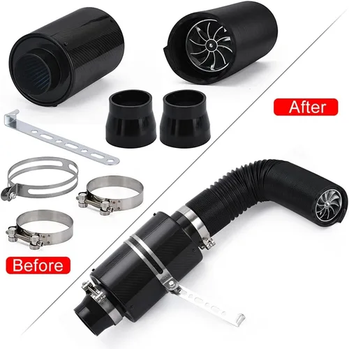 Vista 5 de PTNHZ Universal 3 "Racing fibra de carbono Kit de inducción de alimentación en frío Kit de admisión de aire Caja de filtro de aire con ventilador