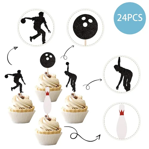 Vista 3 de 24 piezas de adornos para cupcakes con purpurina para jugadores de bolos para jugadores de bolos, selecciones de cupcakes, deportes