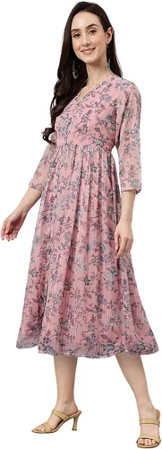 Vista 4 de Janasya Vestido acampanado con estampado floral de lúrex de gasa rosa para mujer