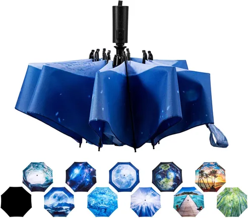 Vista 82 de LANBRELLA Paraguas plegable inverso compacto paraguas de viaje a prueba de viento automático