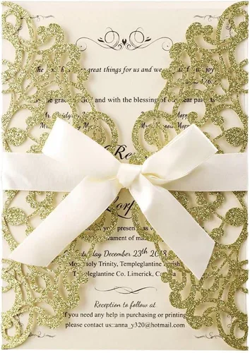 Vista 10 de Hosmsua 20 unidades de invitaciones de boda con flores de 13 x 18,5 cm con purpurina y corte láser con cintas y sobres para boda, despedida
