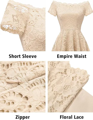 Vista 4 de Dressystar - Vestido de cóctel de encaje para mujer, vestido asimétrico con vuelo y hombros descubiertos para fiesta y evento formal