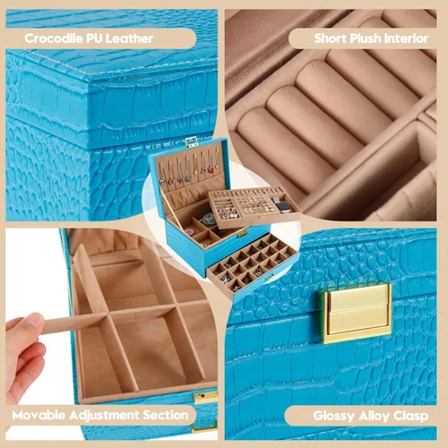 Vista 5 de Gifturbo Caja organizadora de joyas para mujeres y niñas, cajas de joyería de piel sintética azul, 3 capas de joyería, caja de regalo para pulseras