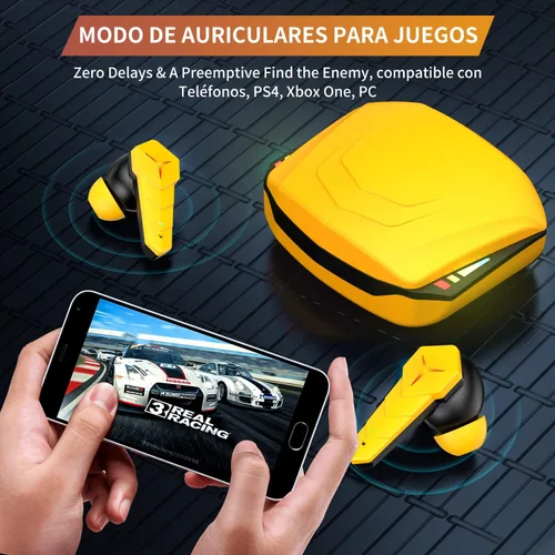 Vista 2 de Kingstar - Auriculares inalámbricos para juegos, Bluetooth 5.0 con micrófono, auriculares para juegos intraurales, 50 ms, emparejamiento automático