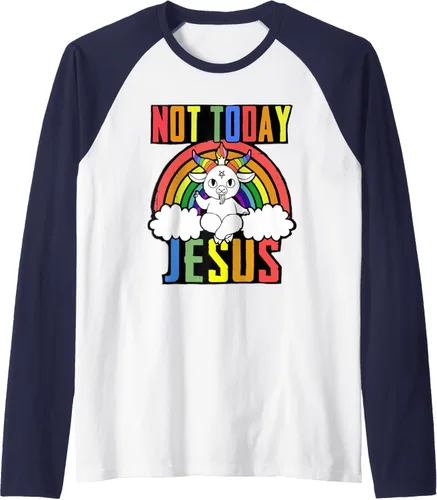 Vista 6 de Not Today Jesus - Camiseta de béisbol raglán con diseño de Baphomet LGBTQ, Negro, S