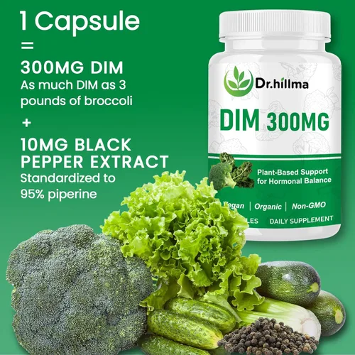 Vista 7 de Suplemento DIM de 300 mg, equilibrio hormonal para mujeres y hombres, metabolismo de estrógeno y apoyo a la menopausia, soporte antioxidante