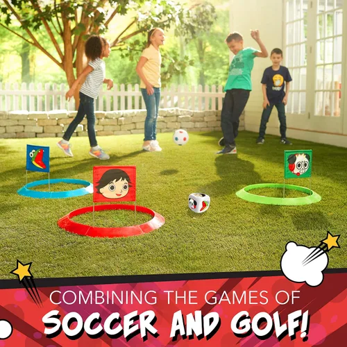Vista 6 de Franklin Sports Ryan's World - Juego de golf de fútbol infantil con 1 pelota de fútbol y 3 objetivos con banderas, objetivos de 20 pulgadas