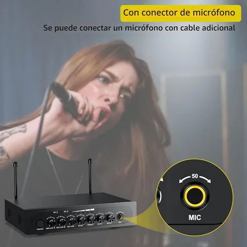 Vista 5 de PROZOR Micrófono Inalámbrico UHF con Control de Volumen, Agudos, Graves y Eco, Micrófono Inalámbrico Recargable Dual de Mano Sistema de Micrófono