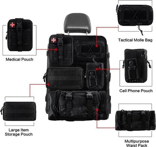 Vista 4 de Z8 Bolsa táctica de almacenamiento para respaldo del asiento delantero, organizador con 5 bolsas, universal para todos los vehículos