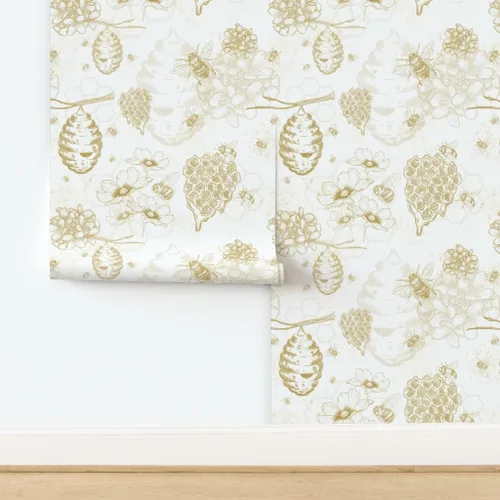 Vista 4 de Muestra de papel tapiz extraíble – Colmena de abeja Toile flores amarillas grandes mostaza oro abeja miel papel pintado personalizado pre-pegado por