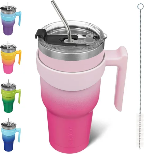 Vista 16 de BJPKPK Mini vaso de 10 onzas con tapa, popote y asa, taza de acero aislada