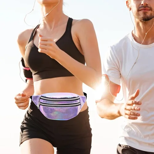 Vista 6 de Riñonera holográfica de moda para regalo del día de la madre, bolsa de cintura deportiva morada, cangurera de viaje brillante para trabajo, correr