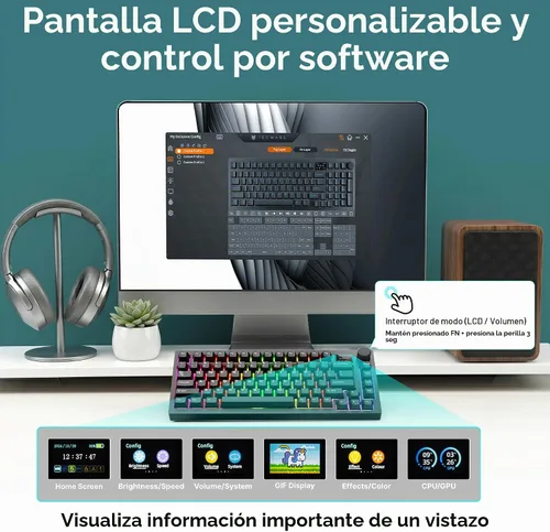 Vista 5 de TECWARE Spectre 75% Teclado mecánico RGB para juegos Pantalla LCD personalizable Modo inalámbrico tri con perilla Montaje con junta Zócalos