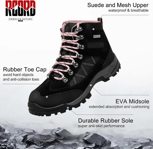 Vista 5 de R CORD Botas de senderismo para mujer, botas de senderismo impermeables, ligeras, transpirables, antideslizantes, duraderas, botas de senderismo
