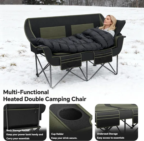 Vista 2 de SHIJING Silla de camping doble con calefacción, silla de sofá biplaza portátil con calefacción para deportes al aire libre, sillas plegables