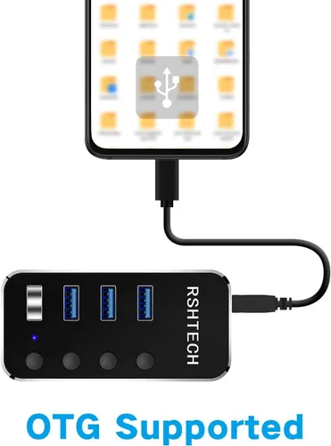 Vista 6 de Concentrador USB alimentado RSHTECH de 4 puertos USB C a USB 3.0, expansor de concentrador de aluminio portátil USB 3.0 con adaptador de CA de 5 V e