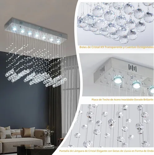 Vista 7 de Candelabro de cristal moderno de 7 luces rectangular de lujo con ondas, lámpara de techo empotrada colgante con gotas de lluvia cromada para isla