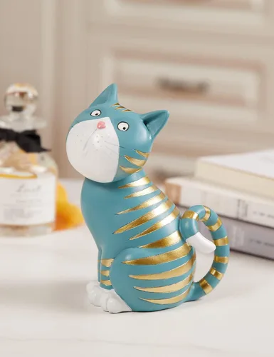 Vista 2 de SEINHIJO Estatua de gato, escultura de animal, decoración moderna, arte de regalo para el hogar, dormitorio, sala de estar, poliresina, azul, 6.0