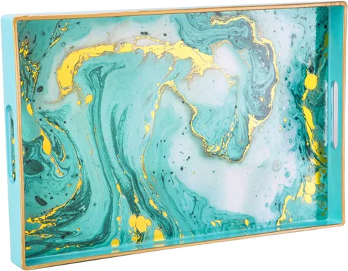 Vista 12 de Bandeja decorativa, bandeja de plástico de mármol con asas, bandeja rectangular de tocador y bandeja para servir para baño, cocina, otomana y mesa