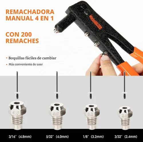 Vista 3 de Pistola de remache, kit profesional de remache con 200 remaches, 3/32"-1/8"-5/32"-3/16", kit de remachador de mano pesado adecuado para trabajos