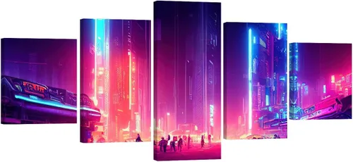 Vista 57 de Lienzo decorativo para pared, diseño de ciudad futurista Cyberpunk para sala de estar, impresión multipanel, obra de arte de cocina, pintura